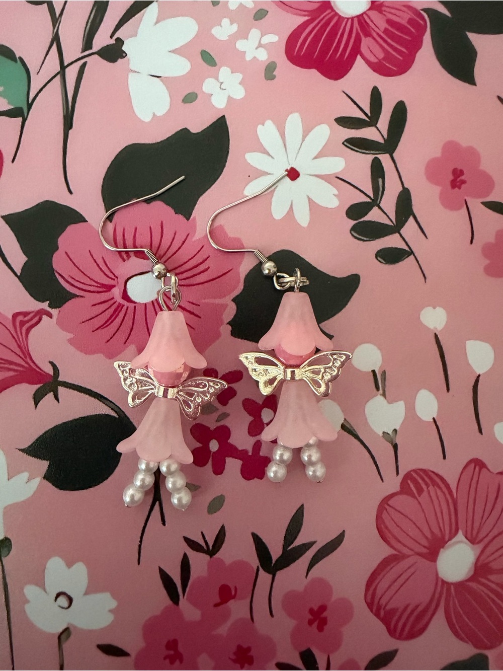 Kids Pink Butterfly Flower Drop Earrings -